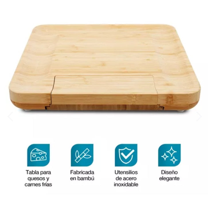 Tabla Para Quesos De Madera Bambú + 4 accesorios